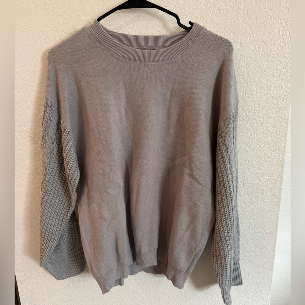 Gray Knit Sweater with Textured Sleeves